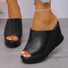 Fashion Fish Mouth Platform Wedge Sandals for Women Black PU Leather Thick Sole Slippers Woman Summer Slip-On Super High Heels Sandals