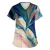 Women's Print V-Neck Short Sleeve Scrub Top with Double Pockets and Side Slits - Comfortable Caregiver Uniform for Daily Work