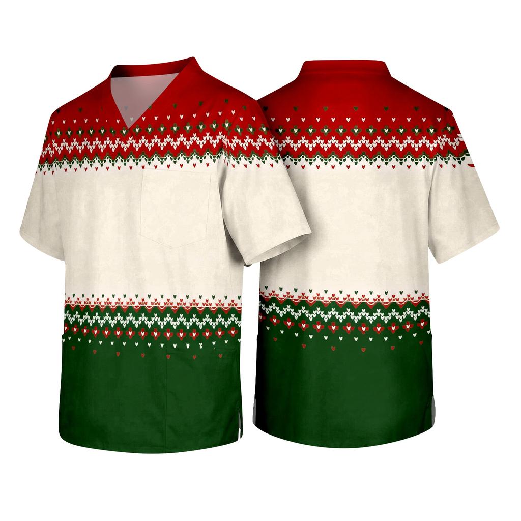 Men's Christmas Theme Caregiver Uniform, Holiday Scrub Top for Nurses and Workers