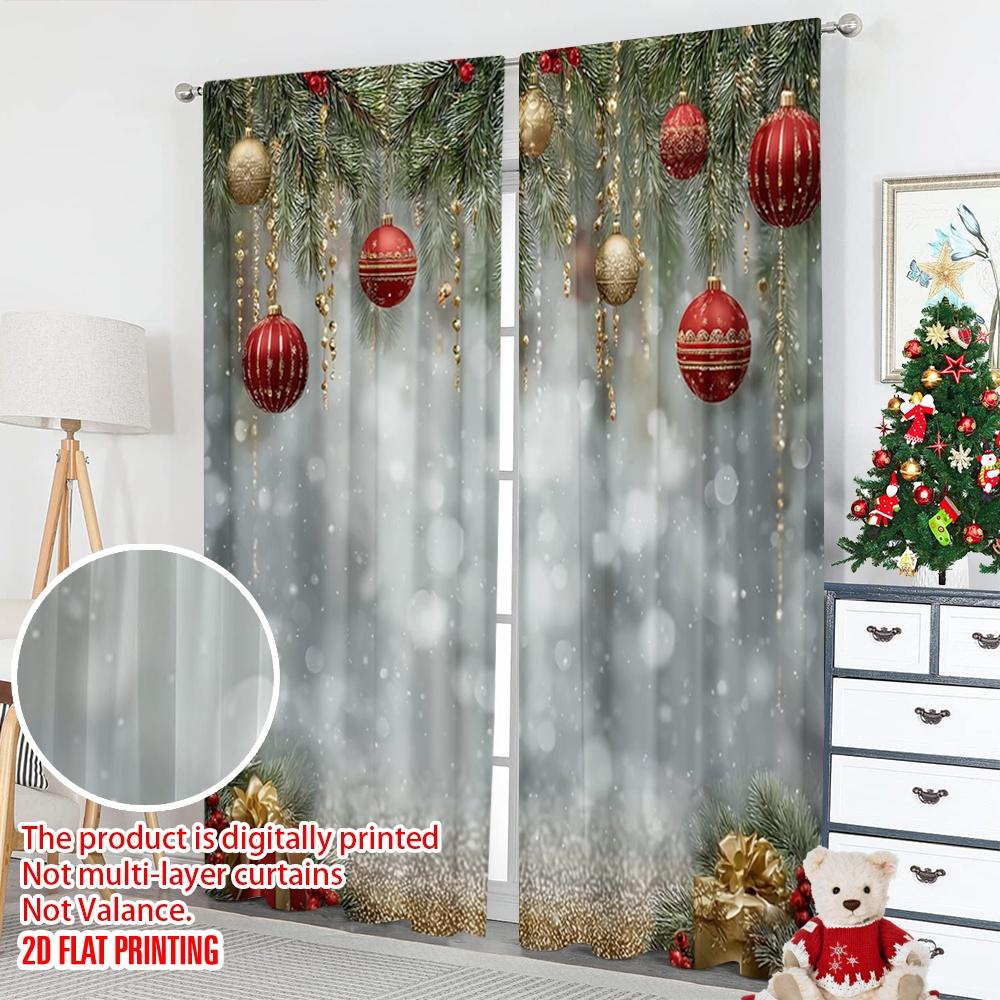 2pcs 2D flat printing Happy Christmas Scene Curtains Christmas Snowflake Light Ball Print Digital Printed Polyester Drapes Party