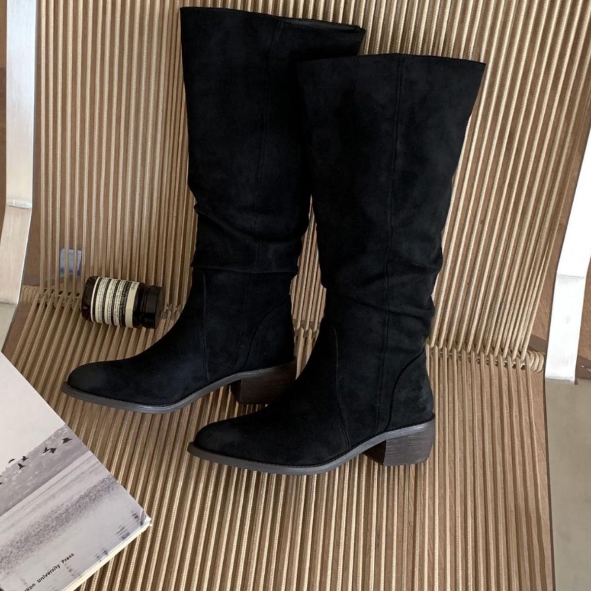2025 Vintage Maillard Boots Tall Pile Boots Long Boots Women s Autumn and Winter Square Head Western Cowboy Boots Coarse Heel Riding 35