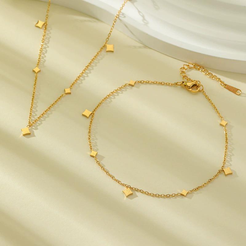 Stainless Steel New Temperament Retro Gold Color Four-pointed Star Pendant Necklace for Women Classic Chokers Zircon Colorfast