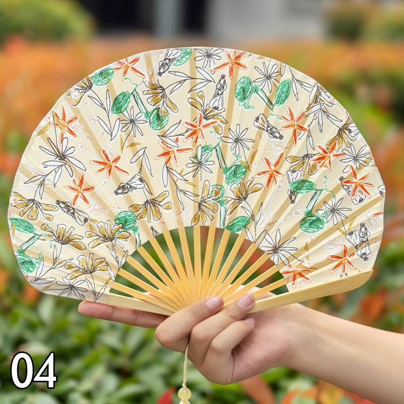 Vintage Shell-Shaped Folding Fan Portable Retro Cotton-Linen Chinese Style Hand Fold Fans Cheongsam Catwalk Dance Props Gifts