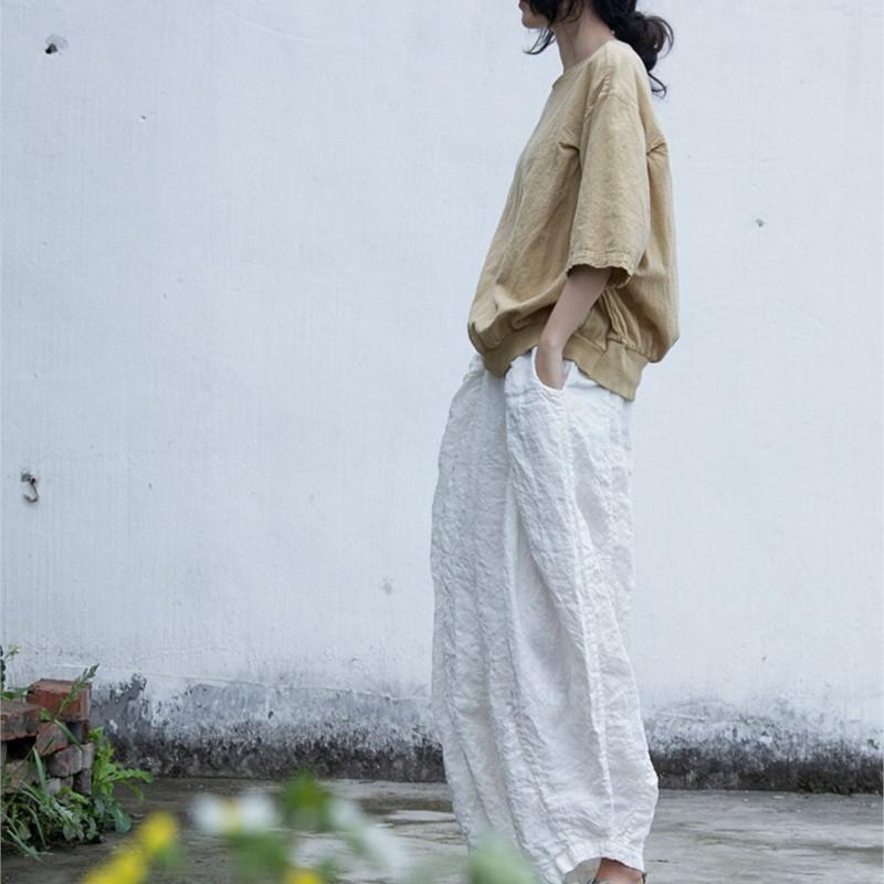 Johnature Women Vintage Linen White Wide Leg Pants Elastic Waist Summer Loose Trouser Casual Women Pants