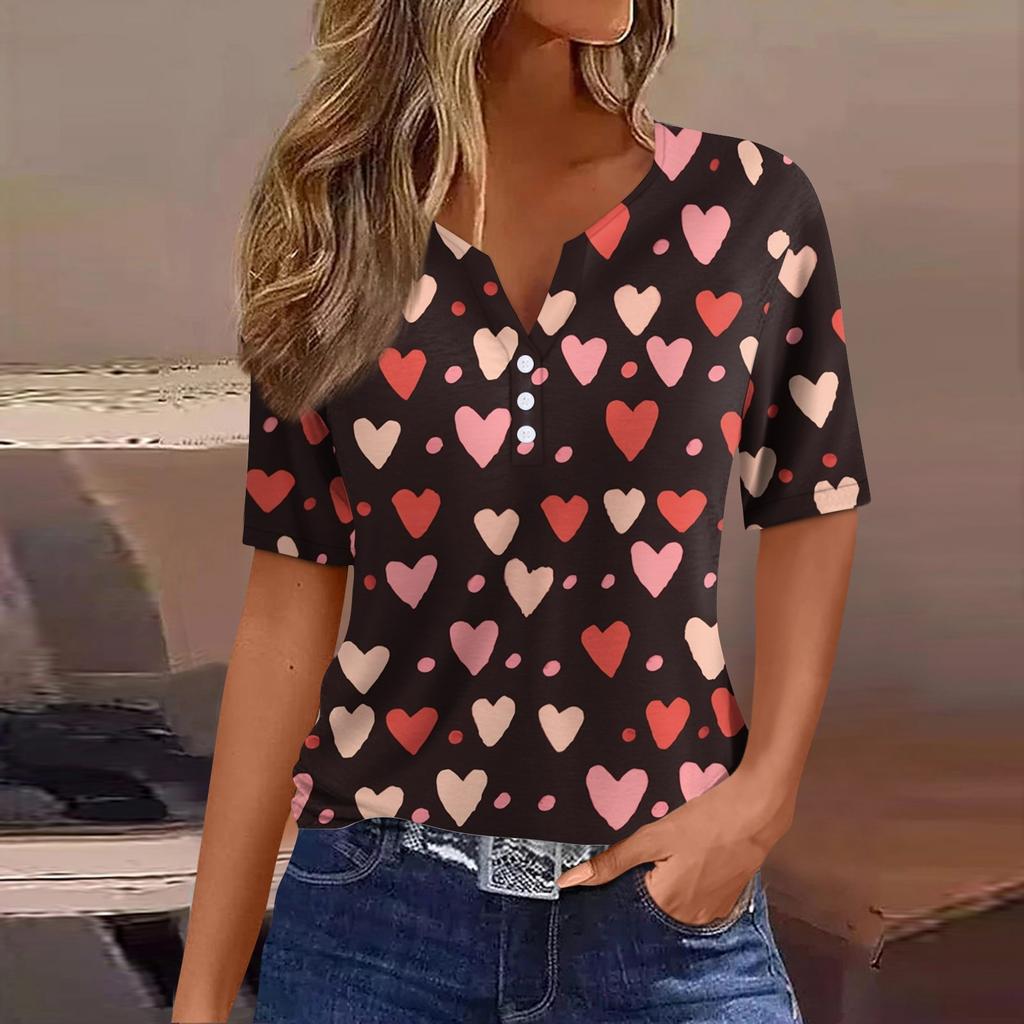 Women's T Shirt Tee Valentine's Day Print Button Short Sleeve Daily Weekend Fashion Basic V- Neck Regular Top