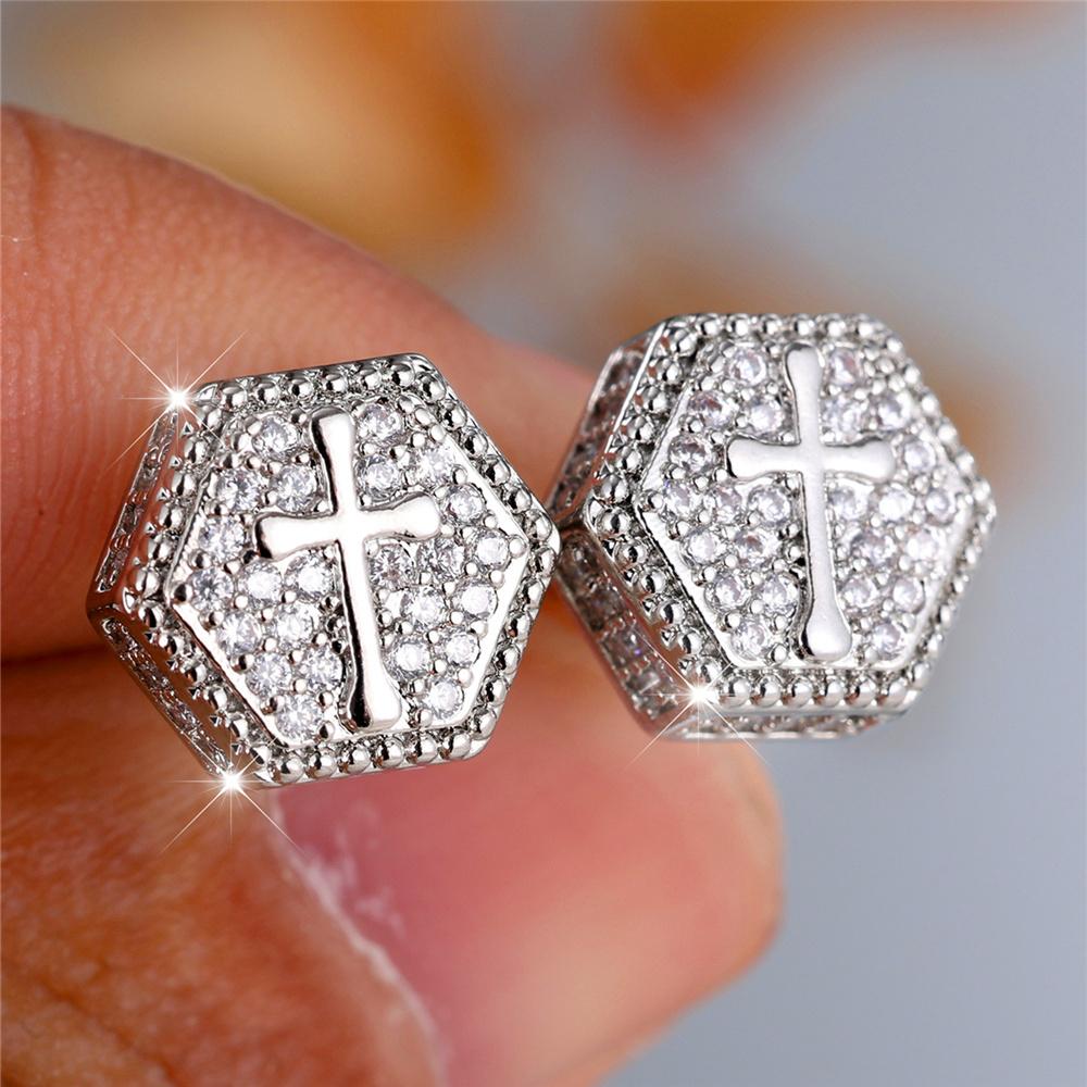 Minimalist Gold Color Cross Hexagon Stud Earrings for Women Simple White Zircon Geometric Earrings Beautiful Party Jewelry Gifts