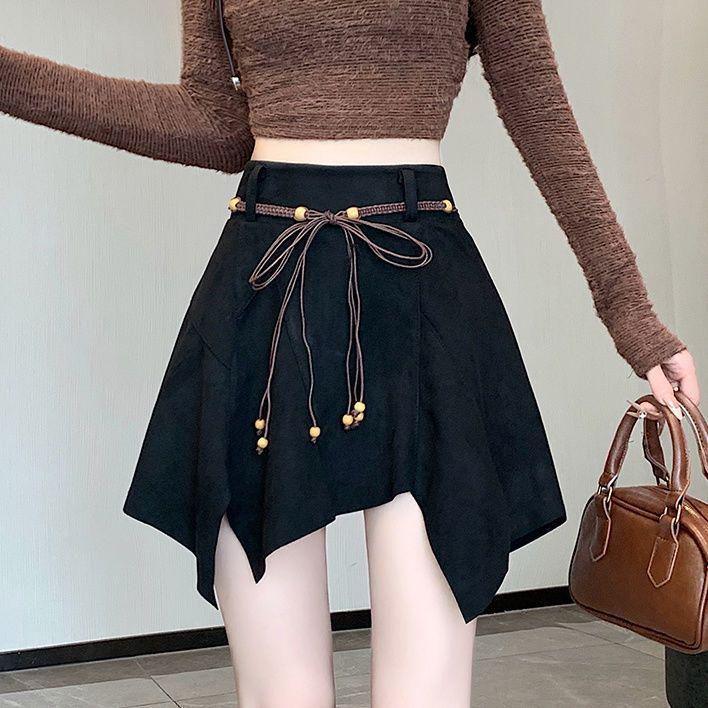 

Мини-юбка А-силуэта из ретро-замши с высокой талией – Универсальная осенне-зимняя юбка, стройнящая фигуру S (80-95 jin)