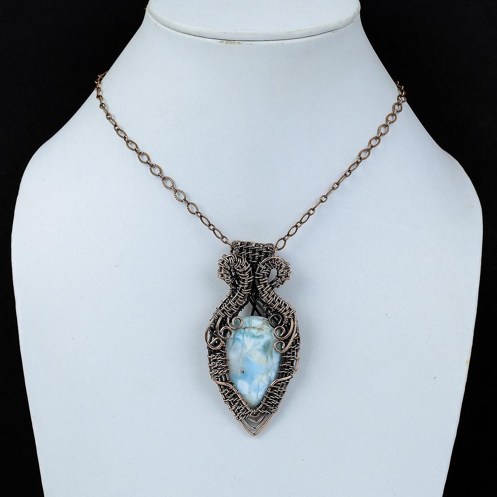 Beautiful Larimar Pendant Gemstone Pure Copper Wire Wrapped Handmade Jewelry For Her