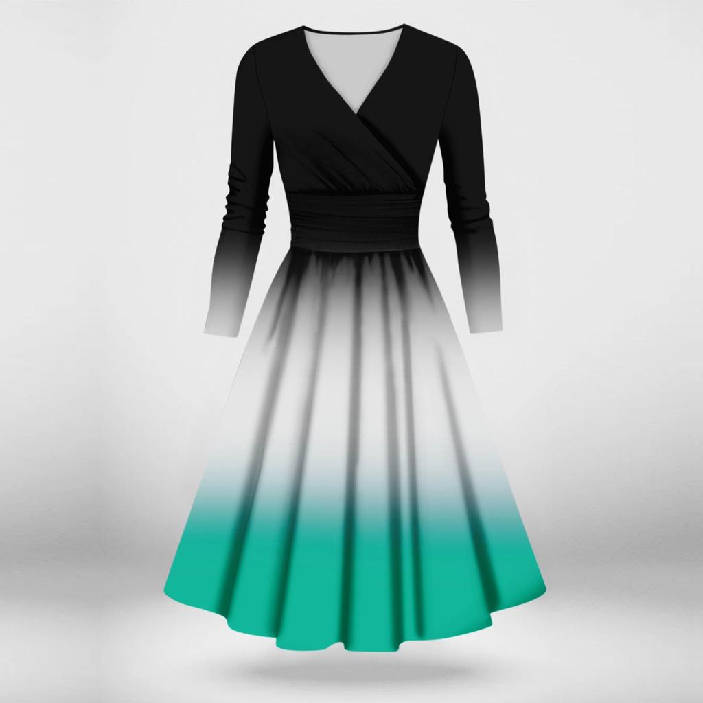 Dámské ležérní a módní sexy šaty s dlouhým rukávem a výstřihem do V s přechodem