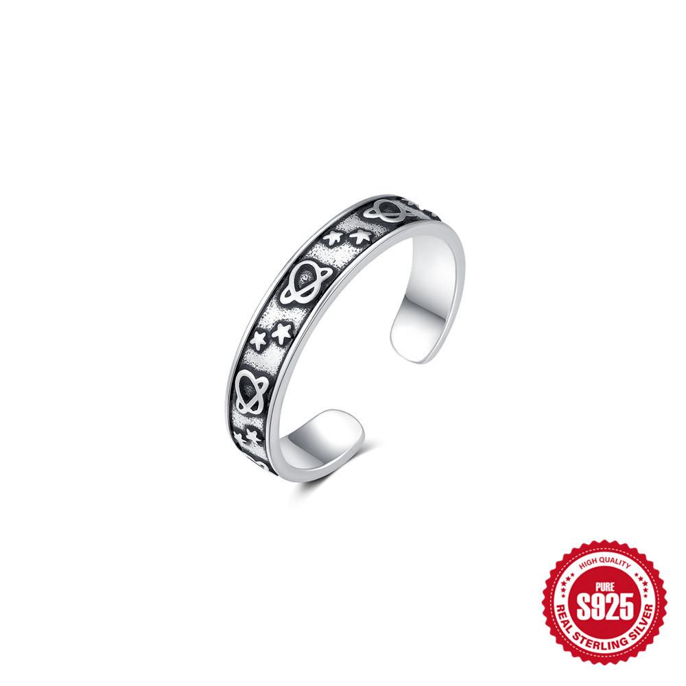 925 Sterling Silver Thai Silver Style Retro Fashion Old Ring Women'S Personality Trend Sun Moon Ring Simple