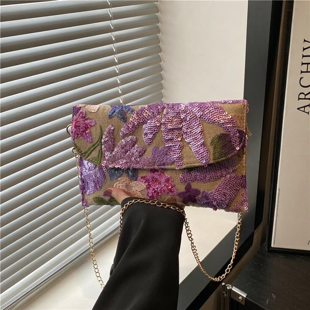 Straw Woven Bag Women's Detachable Chain Crossbody Shoulder Bag Chinese Style Handbag Sequin Floral Envelope Bag