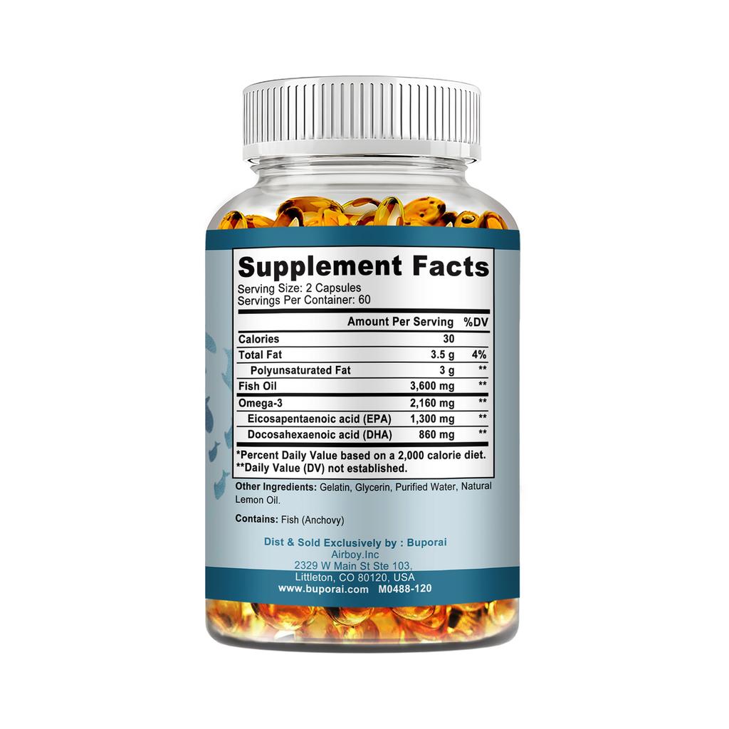 Capsule di Olio di Pesce Omega-3 3600mg - 3x Forza con EPA, DHA, Massima Potenza