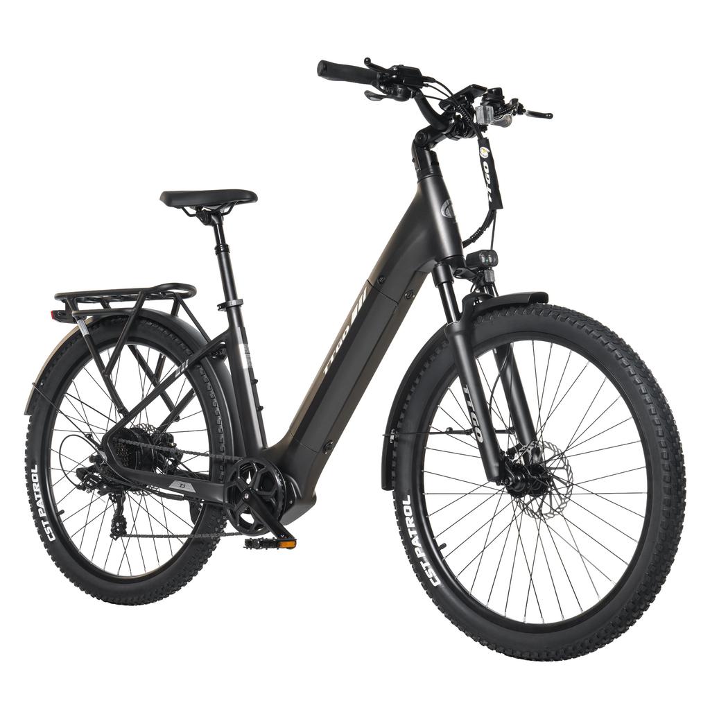 TTGO Z3: 48V15Ah charges overnight. 250W motor eco-friendly. 27.5" tires smooth. Tow seat for family