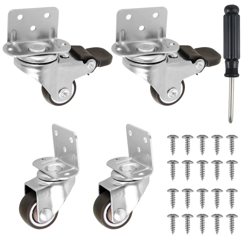 4Pcs Caster Wheel Set 1/1.5/2 inch Small Soft Rubber Side Mount Angle Furniture Move Safety Brakes Swivel Castor Silent For Cart