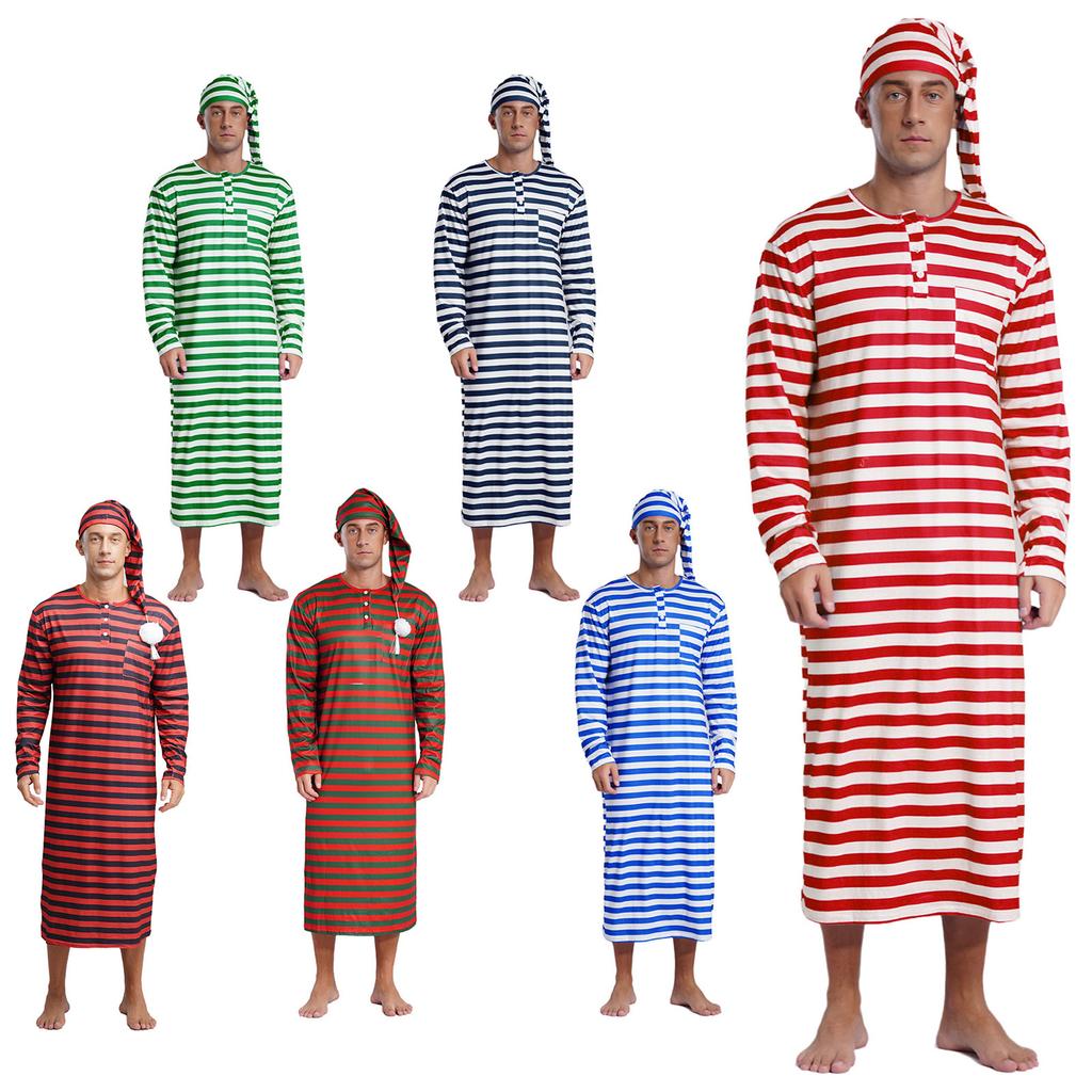 Heren Gestreept Lange Mouw Losse Lange Badjas Hoodie Pompon Sissy Nachtkleding Kerst Slaapset