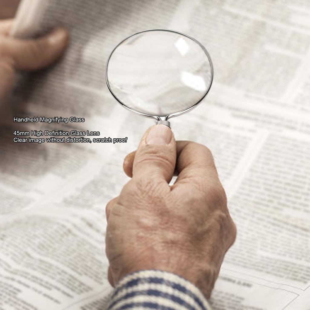5X Handheld Magnifying Glass 45mm Glass Lens Metal Frame Vintage Handheld Magnifier for Reading Inspection Silver