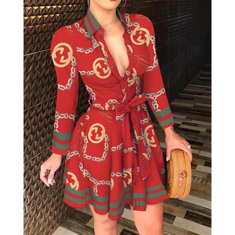 Wish Hot Sale Long Sleeve Collar Strap Fashion Sexy Printed Dress Women