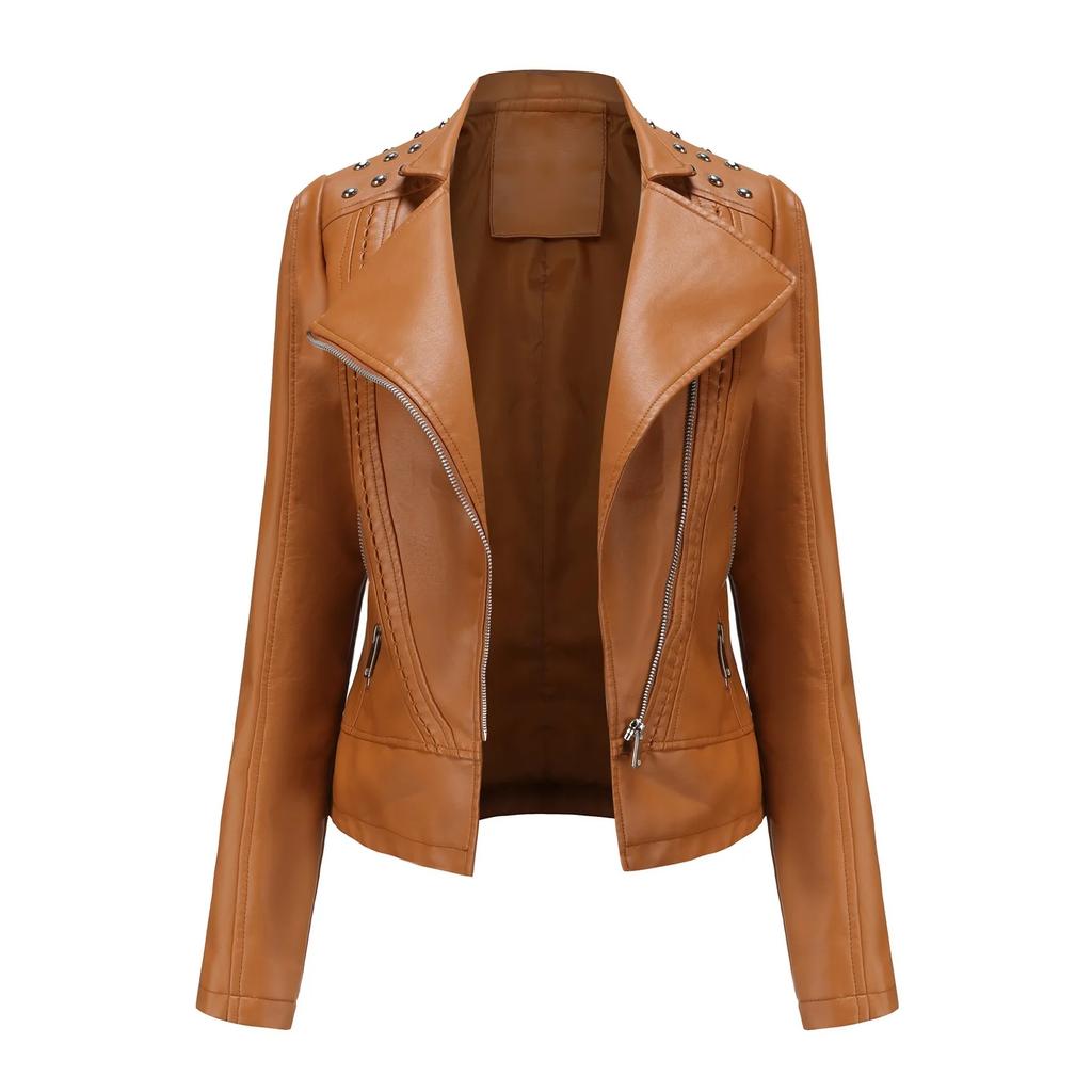 Women Faux Leather Coat Thin Pu Coats Turn Down Collar Full Sleeve Sexy Jackets Zipper Casual Splice Short Jacket Slim Fit