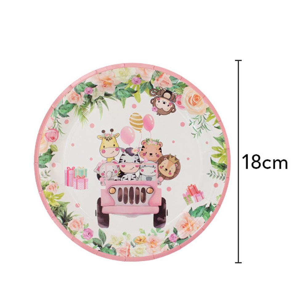 Pink Jungle Animals Party Tableware Set: Plates, Cups, Napkins & Tablecloths.