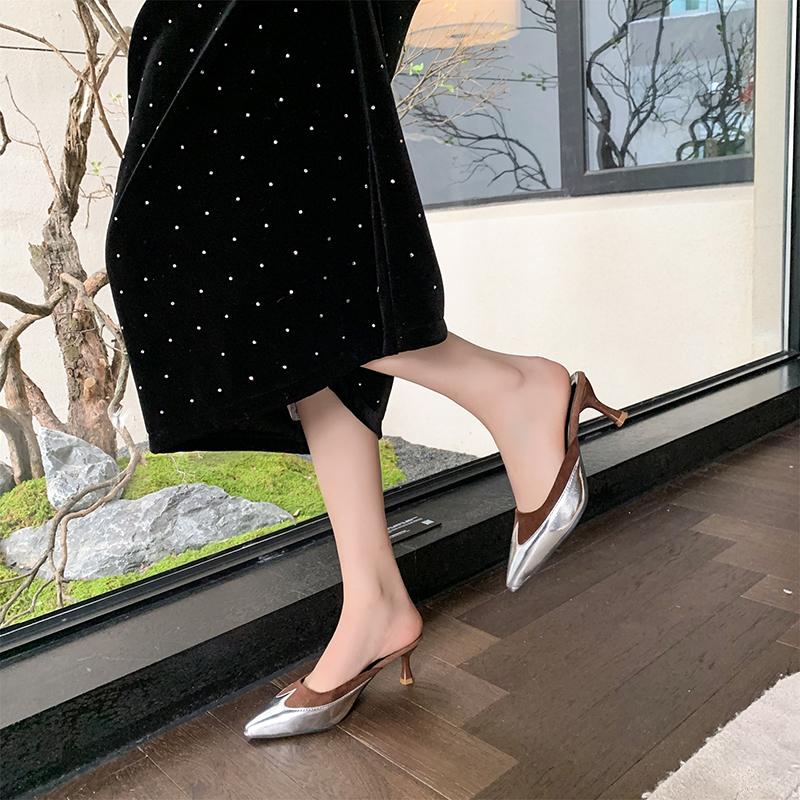 Fashion Women's Pointed Mid-heel Sandals Spring Baotou Shallow Mouth Splice Set Foot Anti-slip Wear-resistant Slippers