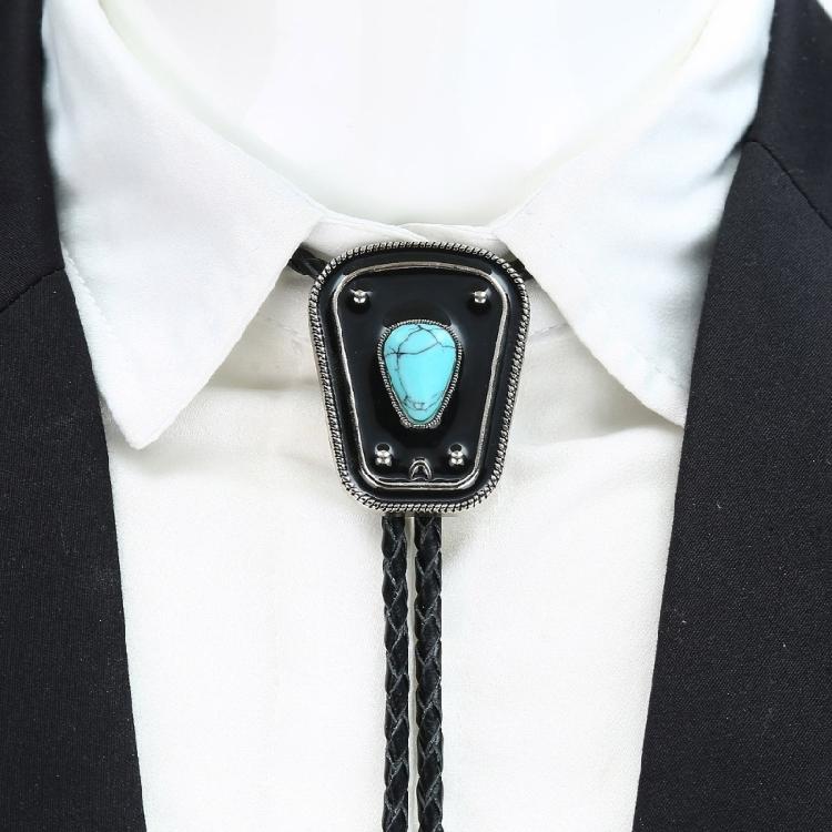 Tribal Faux Leather Rope Bolo Tie with Metal Enamel Stone Pendant Western Cowboy Necktie Jewelry Necklace Shirt Chain