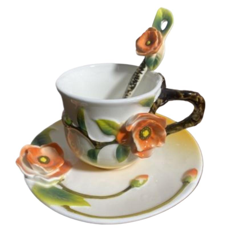 French Ceramic Coffee Cup and Saucer Three-Dimensional Embossed Flower Mug Afternoon Tea Flower Tea Mug Home Breakfast Milk Cup