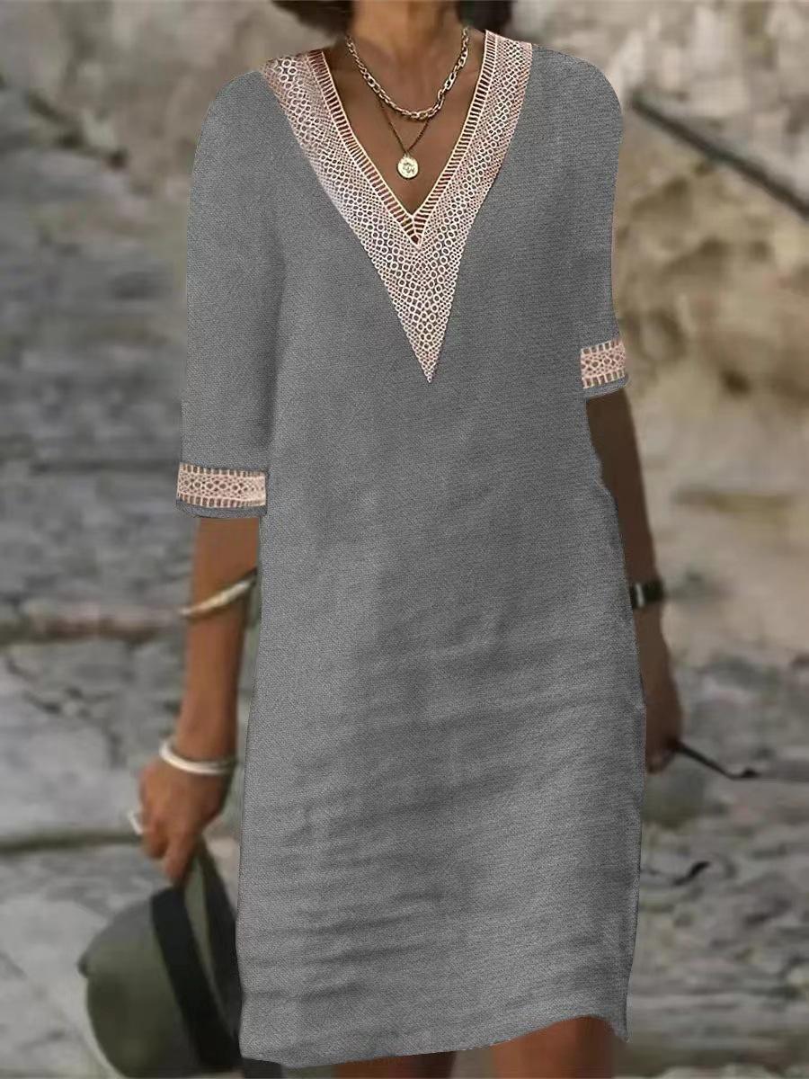 

Женское однотонное повседневное платье из хлопка и льна с кружевной отделкой по краю рукава средней длины S серый