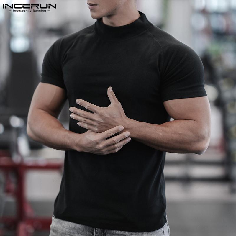 INCERUN Men Mockneck Summer Short Sleeve Solid Casual Skinny T-shirts Tee