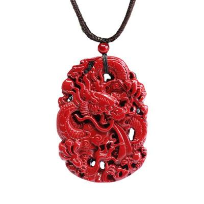 Ciondolo drago intagliato su due lati in pietra arenaria rossa naturale per gioielli da uomo Collana di perle di drago fenice alla moda Gioielli maschili