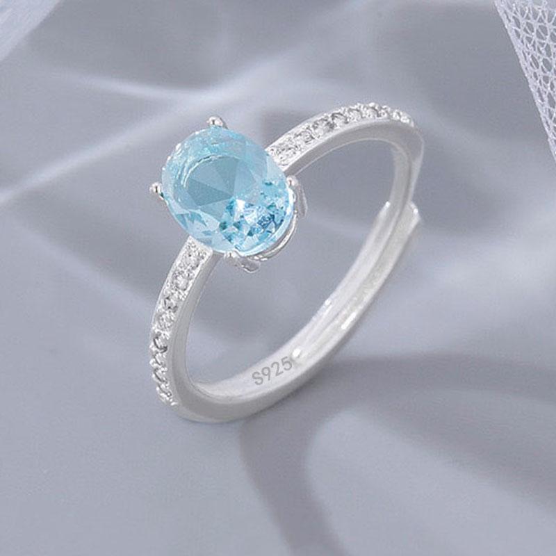 925 Sterling Silver Rings For Women Geometric Fine Jewelry Finger Adjustable Simple Blue Stone Leaf Ring For Party Birthday Gift
