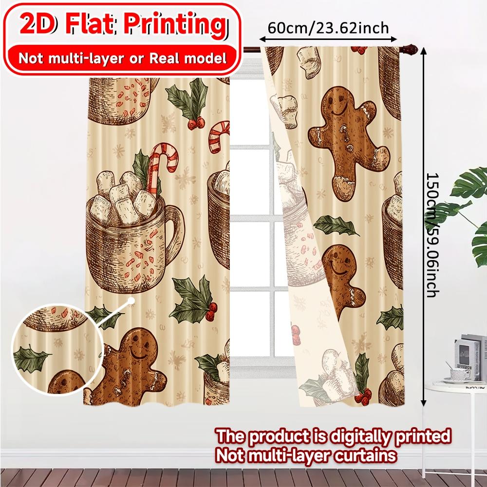 Flat Printing Gingerbread Joy Chic Curtain Cloth Yarn Curtains Holiday Use Bedroom Living Room Office Teens Set Of 2 Made Polyester Washable Area