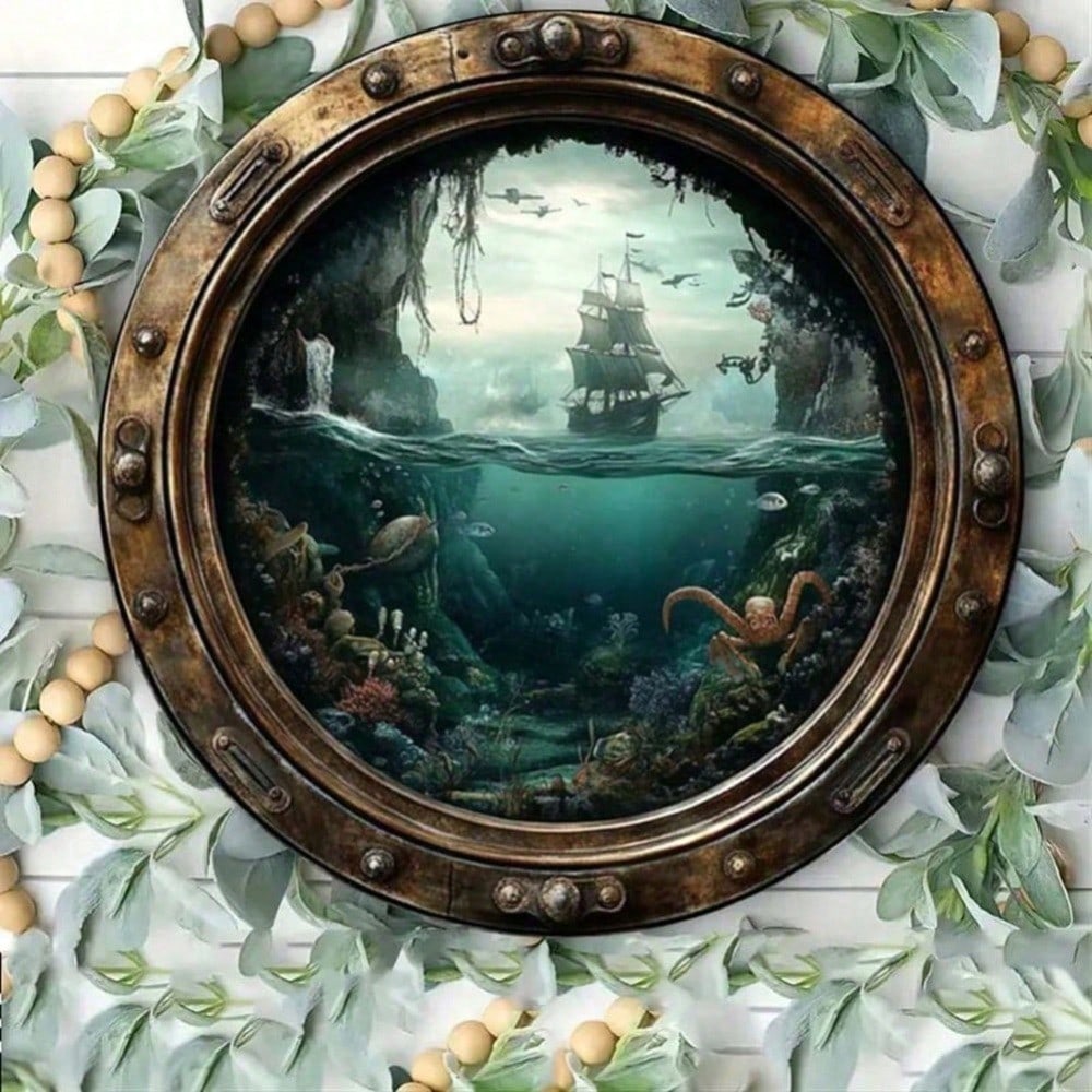

Marine Porthole Wall Decor, Round Nautical Metal Sign, Rustproof Waterproof for Porch Garage 20x20