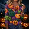 Womens Casual Halloween Print V Neck Button Up Three Quarter Sleeve T Shirt Top with Pumpkin and Pattern for Holiday