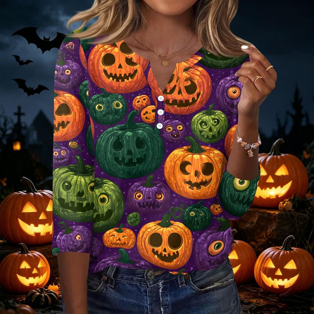 Womens Casual Halloween Print V Neck Button Up Three Quarter Sleeve T Shirt Top with Pumpkin and Pattern for Holiday