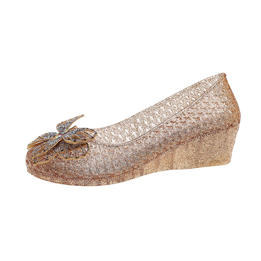 Summer Midheel Sandals Women Fashion Round Head Shallow Mouth Crystal Butterfly Knot Soft Sole Anti-landslide Heel Shoes