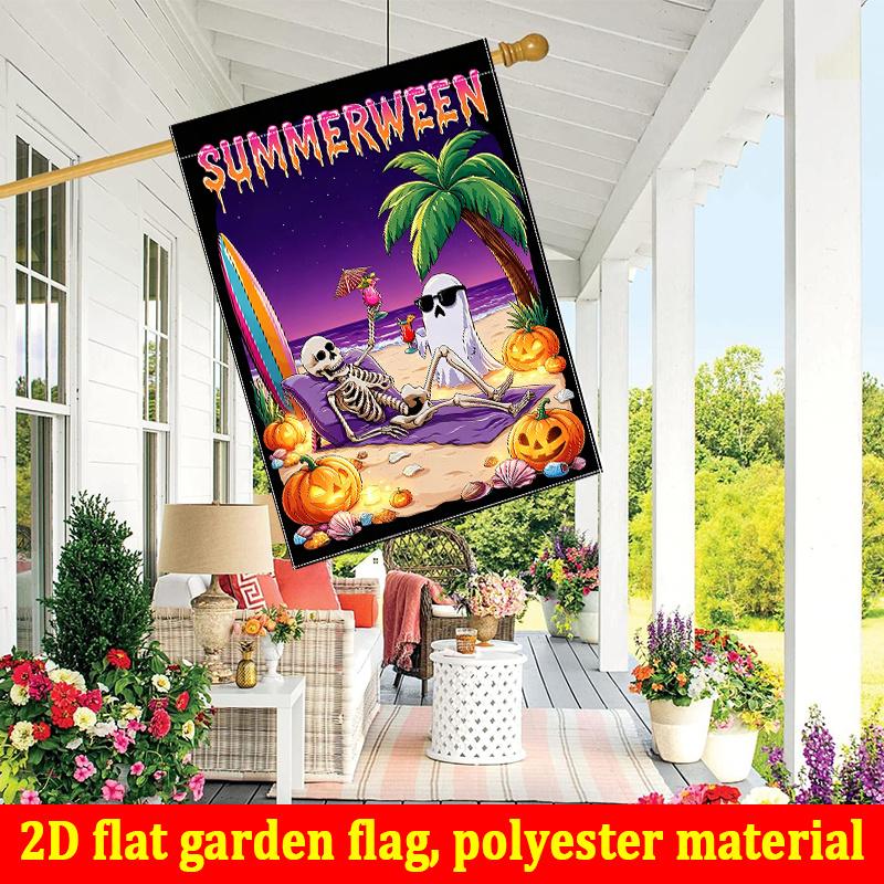 2D Flat, 2D Flat - 2D Flat Printing 1pc Fun Summer Spooky Beach Skeleton Halloween Lover Print Courtyard Flag - Double-Sided Garden Flag, Outdoor Deco