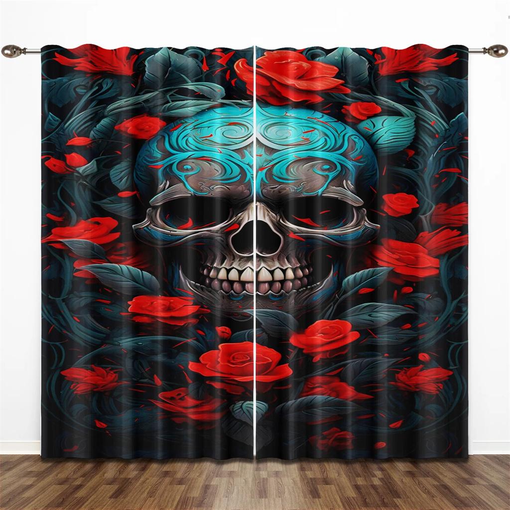 King Punk Couple Gothic Horror Female Skull Dead Rose Drapes Light Filtering Window Curtains for Living Room Bedroom 2 Pieces