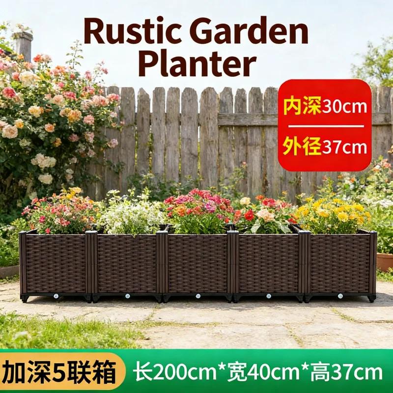 Large 5-Cell Deepened Planter Box 200x40x37cm Heavy Duty Plastic Raised Garden Bed for Vegetables Herbs Flowers Outdoor Balcony