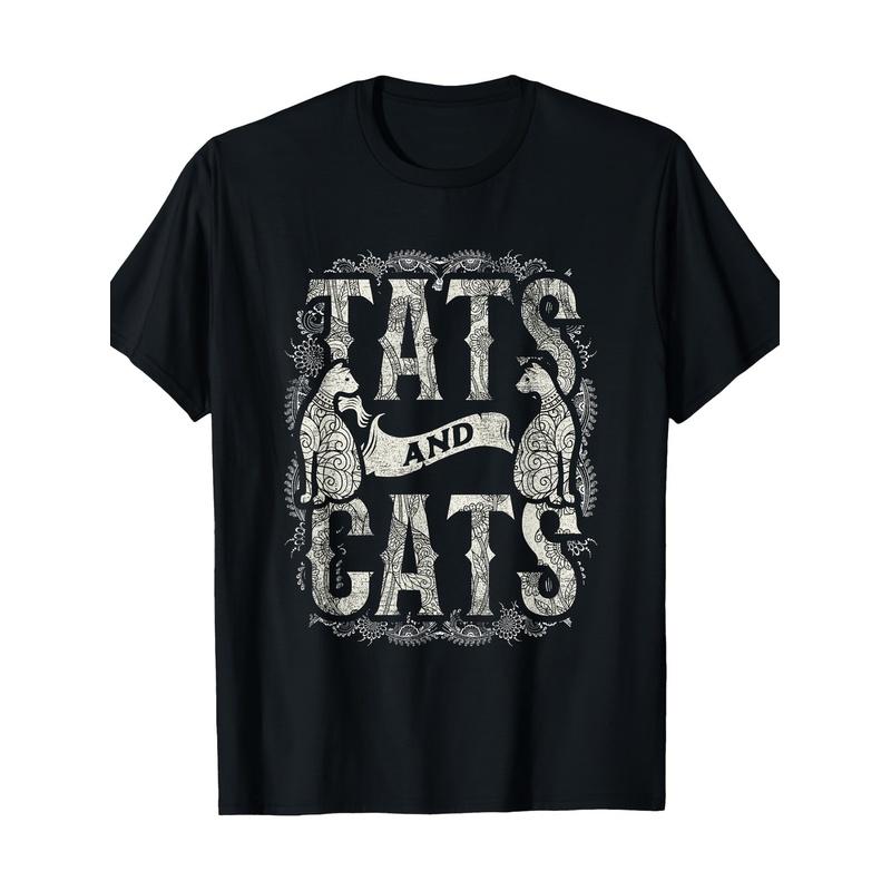 Men'S Vintage Tattoo And Pattern T-Shirt, Vintage Gothic Font And Graphic Tee, Black And White Casual Crew Neck, Suitable for Tattoo Enthusiasts,