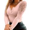 Women Hollow Out Lace Patchwork Pullover T Shirt Long Sleeve Slim Fit Soft Stretchy Round Neck Button Closure Solid Color Top Lady Spring Fall