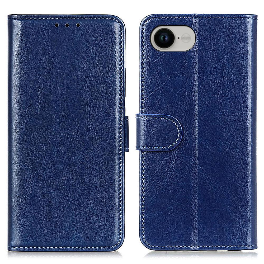 

For iPhone 16e Case Crazy Horse Texture PU Leather Phone Stand Cover Blue