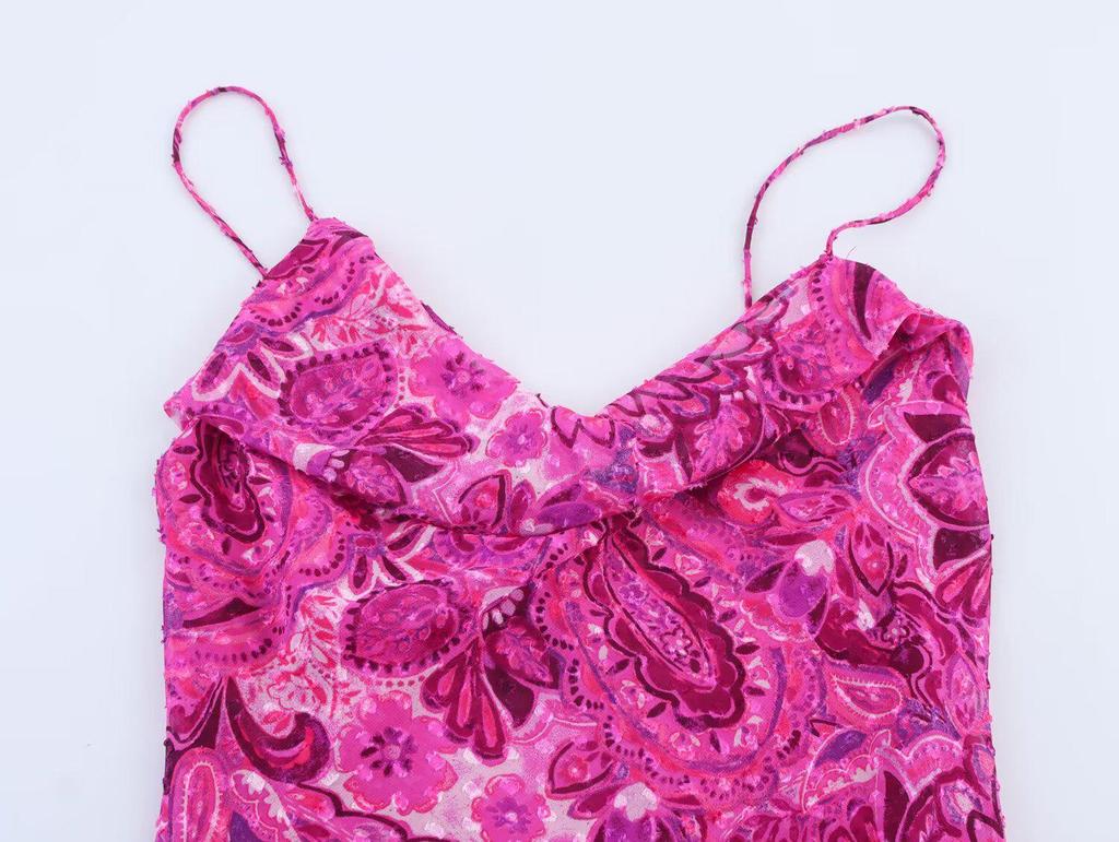 European & American Women's Summer 2025 Backless Patchwork Ruffle Hem Midi Dress with Spaghetti Straps