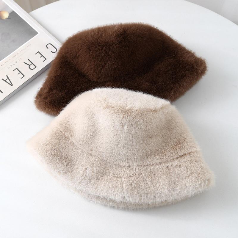 Winter Plush Hat Women's Thickened Warm Fashion Ear Protection Bucket Hat Imitation Mink Fur Windproof and Coldproof Basin Hat