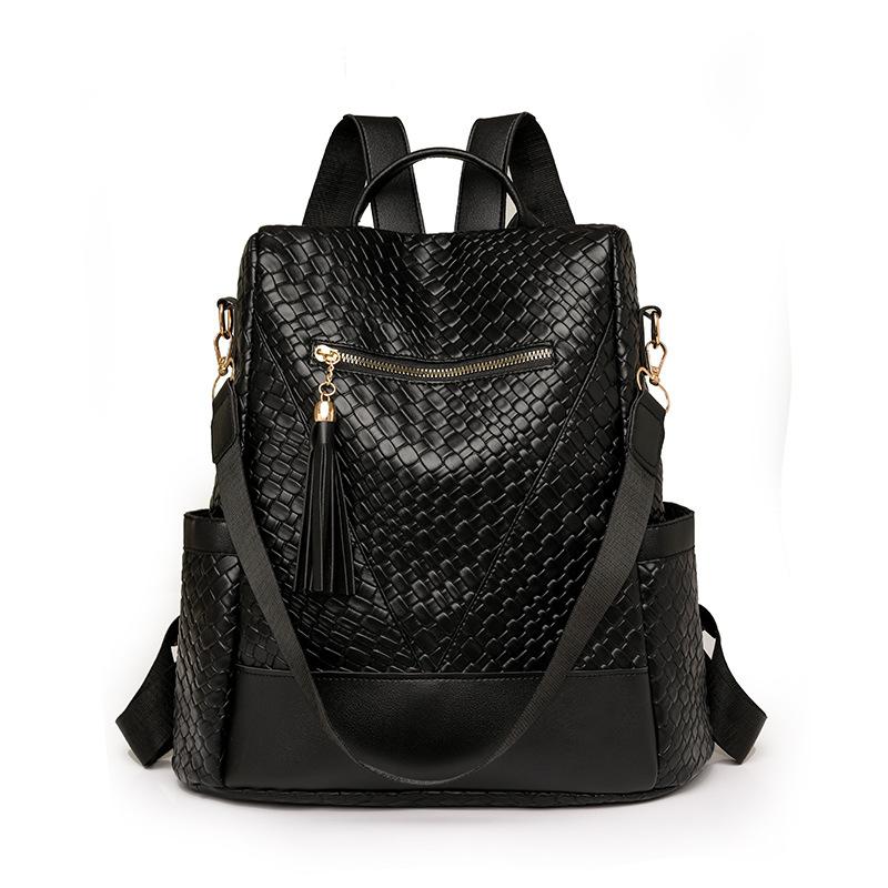 

Жіночий протиугінний рюкзак. Шкіряний дорожній рюкзак Tassel чорний