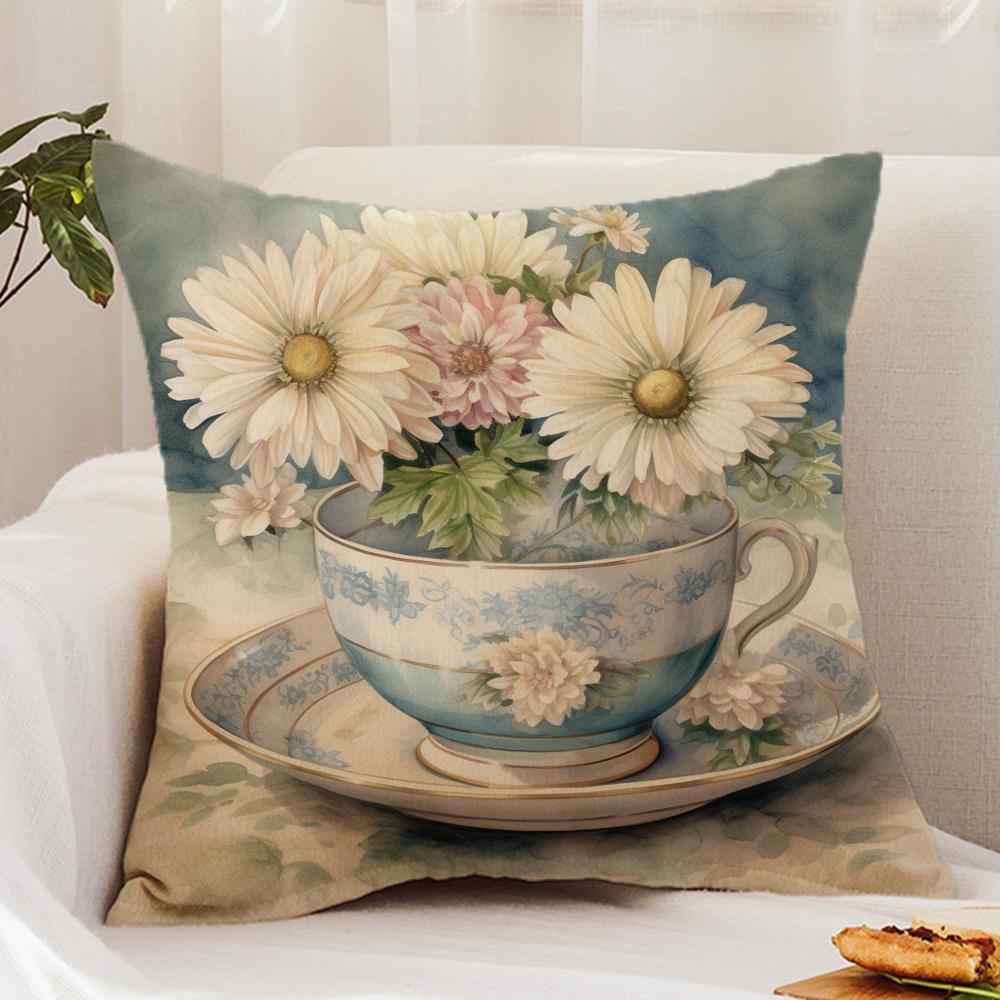 Painting Cup of Flowers Cushion Cover Premium Comfort Reversible Pillow Cover - Dual - Use Design for Home & Car