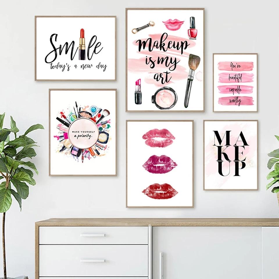 Fashion Lipstick Cosmetics Brush Posters and Prints Wall Art Pictures Cosmetic Canvas Paintings for Beauty Girl Room Home Decor