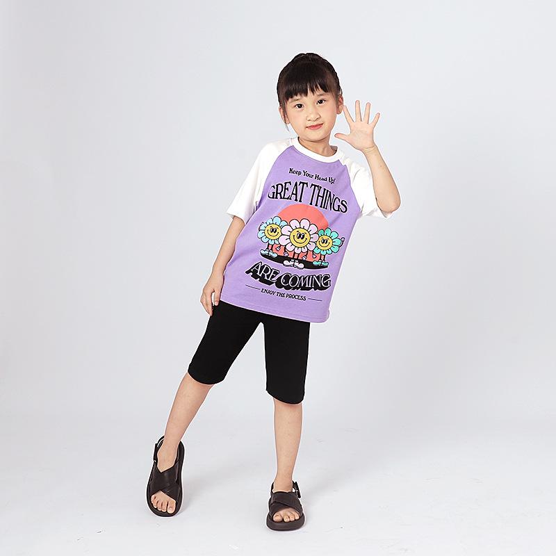 Korean Style Girls' Color Block Raglan Tee - Breathable Summer Short Sleeve Top