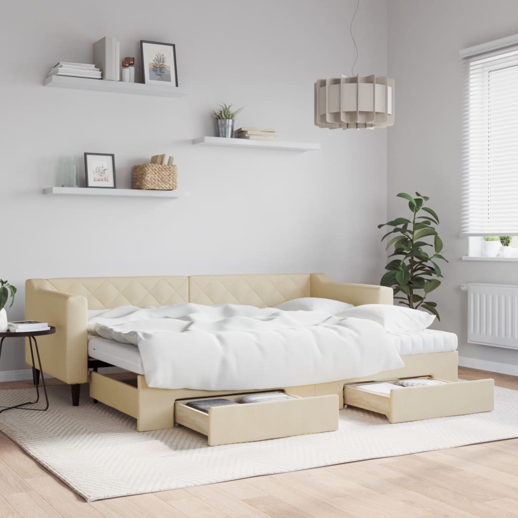 Vidaxl Sofa Rozsuwana Z Szufladami, Kremowa, 80X200 Cm, Tkanina