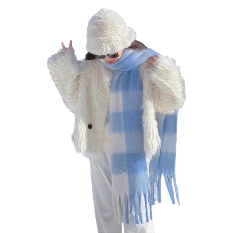 White cream blue and white plaid mohair scarf women's versatile shawl fluffy warm scarf