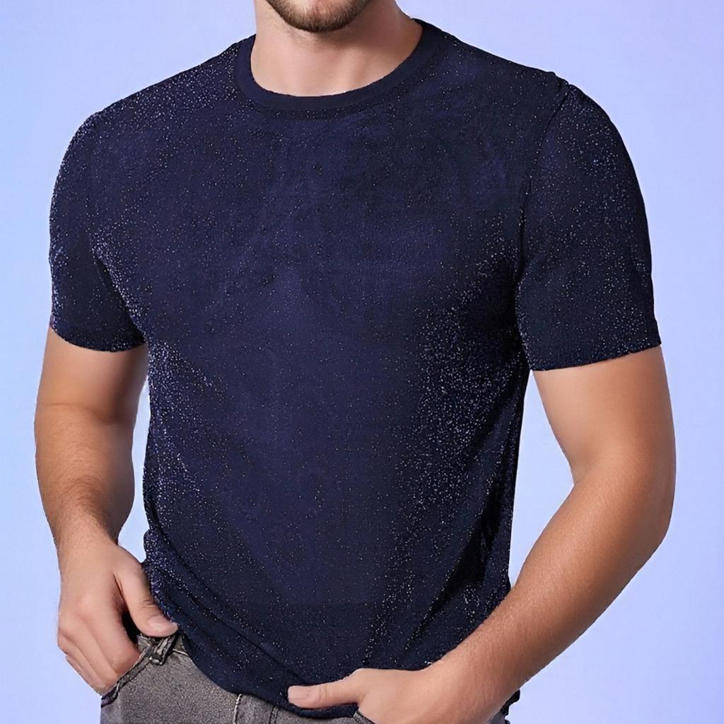 Top lucido da uomo, T-shirt a maniche corte girocollo in rete trasparente